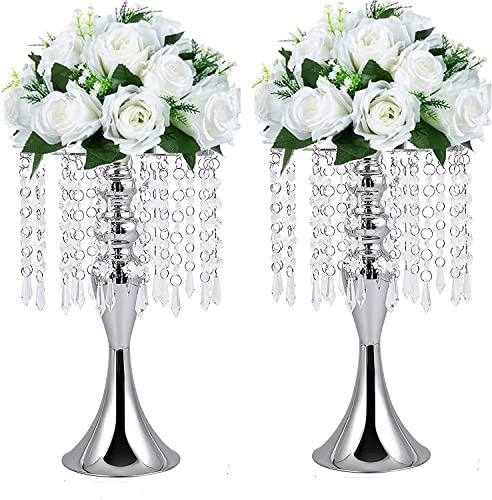 LANLONG Kerzenhalter aus Acryl mit Kunstkristallen in Gold/Silber, Blumenvase, 2 Stück Hochzeit Herzstück Lead Road Kerzenhalter für Hochzeit Event Dekoration (Silber, 33cm)