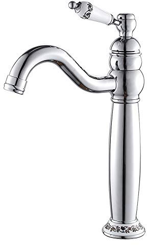 Mezclador de lavabo clásico vintage grifo alto monomando de cerámica floral para lavabo de baño (alto, plata)