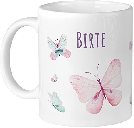 GRAZDesign Kindertasse mit Namen | Schmetterlinge | Tasse personalisiert Mädchen, Namenstasse, Trinkbecher Kinderbecher mit Henkel Becher, Keramik BPA-frei, Geschenk für Schulkind 330ml