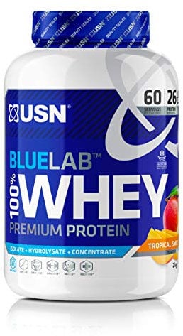 USN Blue Lab Whey Protein, Premium Molkenproteinpulver, wissenschaftlich entwickeltes Post-Workout Muskelaufbau Protein Pulver mit BCAAs, Tropischer Fruchtsmoothie, 2 kg