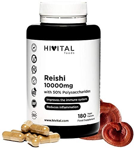 Reishi 10000 mg. 180 vegane Kapseln für eine 6-monatige Kur. Mit 50% Polysacchariden, 10% Betaglucanen, 2% Triterpenen. 20:1-Extrakt aus japanischem Reishi (Ganoderma Lucidum). Von HIVITAL