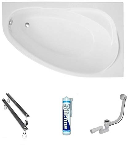 ECOLAM® Badewanne Wanne Eckwanne Eckbadewanne Acryl weiß Marea Polimat 160x100 cm RECHTS Ablaufgarnitur Ab- und Überlauf Automatik Füße Silikon Komplett-Set
