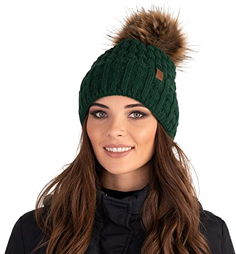 VIVISENCE Wintermütze Mit Bommel Damen Perfekte Passform Warmes Bommelmütze Herbst Frauen Mütze Für Winter Aufgerolltem Design Für Extra Wärme Ideal Für Kalte Wintertage Modell, Grün,Einheitsgröße