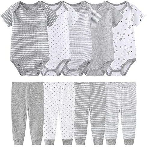 Chamie Bodys Kurzarm Hose Bekleidungsset für Neugeborene Jungen und Mädchen Baumwolle Grau 0-3 Monate