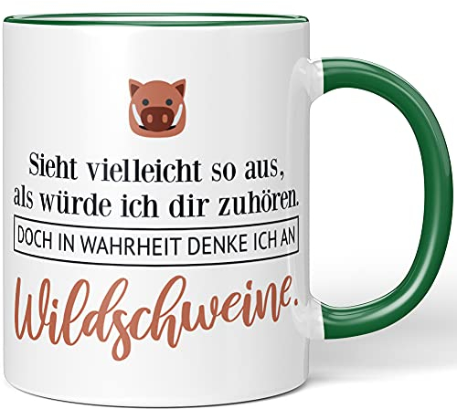 JUNIWORDS Tasse, Sieht vielleicht so aus, als würde ich dir zuhören. Doch in Wahrheit denke ich an Wildschweine (1001502), Wähle Farbe, Grün
