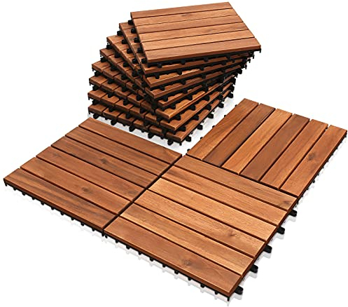 Holzfliesen aus Akazien Holz 30x30cm, 6 Latten Fliese 3m², Bodenfliesen für Terrassen und Balkon(33 Stück)