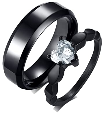 ANAZOZ 2 Stück Eheringe Paarpreis Titanstahl Poliert Breit Solitärring Diamantring Ringe für Verliebte Ringe Partnerringe Paar Schwarz Trauringe Ornament Frau:65 (20.7) & Mann:65 (20.7)