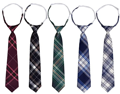 Sucrain 5pcs Boy's Necktie Pre-tied Adjustable Neck Strap Tie Plaid Zipper Tie for Wedding Graduation School Cosplay Uniforms