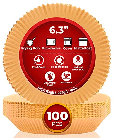 Xabono Air Fryer Liners - 100Pcs Disposable Round Paper Liner, Non-Stick Parchment, Oil Waterproof, Roast Liner Size 6.3