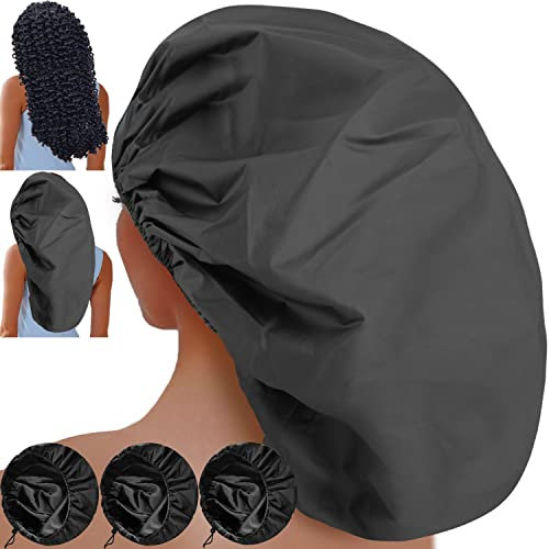 Sheomern Adjustable Extra Large Shower Cap with Waterproof Elastic Edge, Reusable Shower Cap for Women Long Hair, Satin Lined Shower Cap for Braids, Thick Hair, Locs (Black)