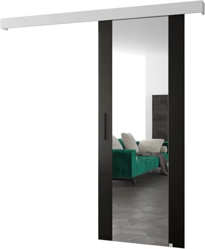 ABIKSMEBLE Salwador 2 Système de Porte Coulissante avec Un Cache Rail et Miroir - Portes Coulissantes Murales Intérieures - Construction Solide - 90 x 204 cm - Noir