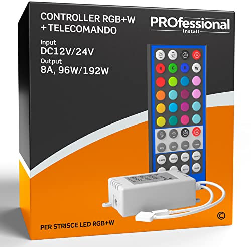 Eurocali Controller per Strisce LED RGB+W Multicolore 12-24V 4 Canali con Connettore 5 pin e Jack 2.1 + Telecomando 40 tasti ad infrarossi