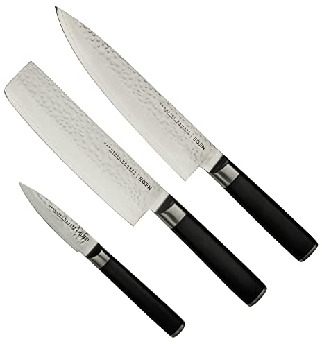 Eden Hammered Damast 2031-S02, Juego de Cuchillos de Cocina de 3 Piezas, Cuchillo Chef 20 cm, Nakiri 16.5 cm y Cuchillo Puntilla 9 cm, Mango G10 Negro, Hoja de Acero Damasco AUS-10 Martillado