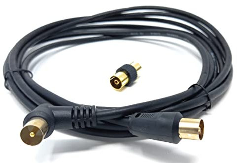 DRUT 3m TV RF Right Angle Male to Male Aerial Antenna Coaxial Cable With Female to Female Coupler Gold Connectors 75 ohm, 3C2V 10ft Black