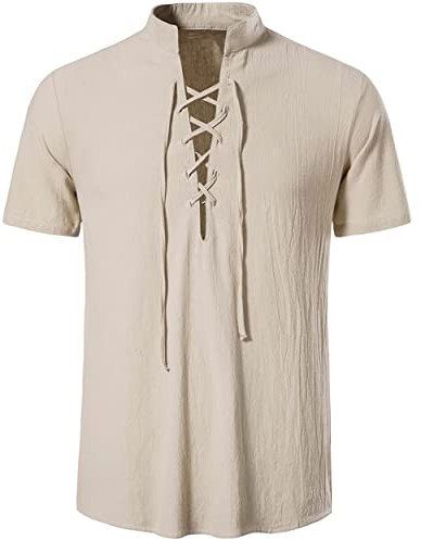 LUYANA Herren Casual Kurzarm Leinen Shirt Hippie V Ausschnitt Strand Hemd Khaki L
