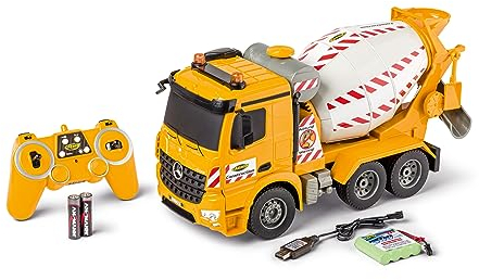 Carson 500907667 1:20 MB Arocs Betonmischer 100% RTR - Ferngesteuertes Fahrzeug, RC Betonmischer mit Funktionen Licht und Sound, inkl. Batterien und Fernsteuerung, Gelb