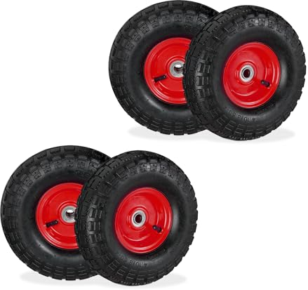 Relaxdays Sackkarrenrad 4er Set, 4.10 3.50-4, luftbereift, Stahlfelge, 136 kg, Schubkarrenrad, Ersatzrad, schwarz/rot