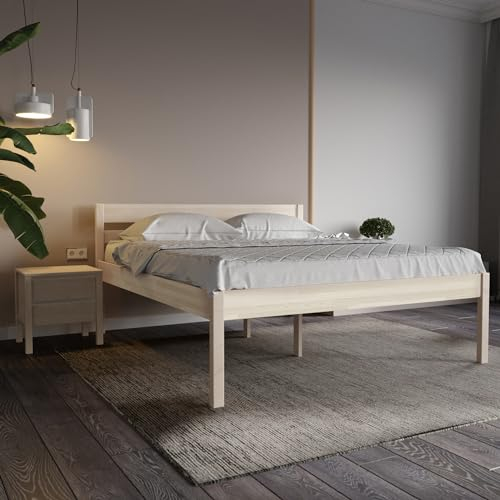 Hansales Seniorenbett 180x200 cm Triin Holzbett mit Kofpteil, Bettgestell ohne Rollrost, Doppelbett aus massivem FSC® Birkenholz, Bettrahmen belastbar bis 350kg mit klarem Öl beschichtet