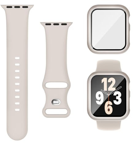 Joehwerr Correas 3 en 1 para Apple Watch de 45 mm con funda y protector de pantalla, correa deportiva de silicona y funda protectora con vidrio templado 9H para iWatch Series 9/8/7, Starlight