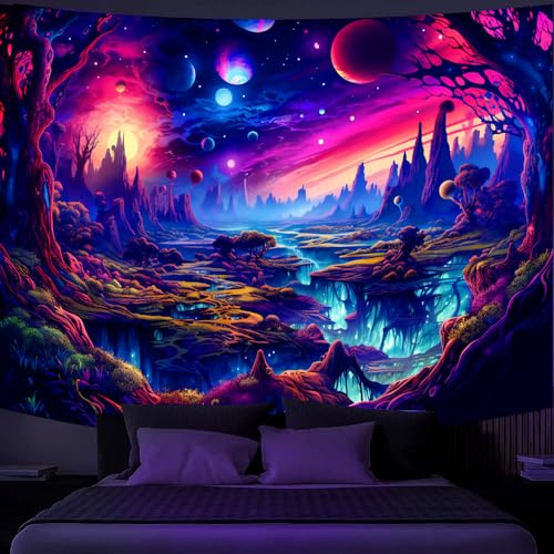 Simpkeely Fantasy Planet Tapisserie, Schwarzlicht-Wald, Naturlandschaft, Retro, ästhetischer Wandbehang, UV-reaktiver Sonnenuntergang, Bäume, Wandteppiche für Schlafzimmer, Wohnzimmer – 150 x 200cm