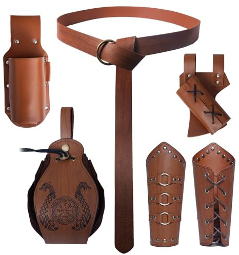 Mittelalterliches Ritterkostüm Zubehör Set Halloween Nekromanten Anzug,Mittelalter GüRtel,Mittelalter Armschienen,Gürteltasche,Schwertholster Gürtel und Zaubertrank Flasche für Cosplay (Braun)