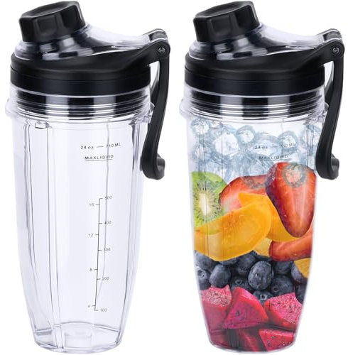 Replacement 24oz Blender Cup and New Lid with Handle for Nutri Ninja BL450 BL456 BL480 BL482 BL640 BL642 BL682 BN401 BN751 BN801 Foodi SS101 SS151 SS351 SS401 Ninja Blender Auto IQ Blade, 2-Pack