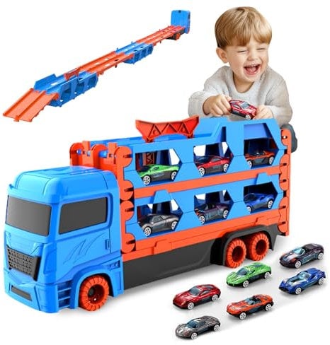 Qivange Transport Truck Toy for 3 4 5 6 7 Year Old Boys Gifts, Portable Truck Toy with 12 Race Car, Kids Race Track Car Carrier Vehicles Toys Set for Toddler Age 3+