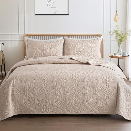 Whale Flotilla Quilted Bedspreads 3 Piece Queen Size Floral Bedding Set | 220×240CM Bed Cover, 2 Pillow Shams 50×66CM, Brown, Lightweight Soft Quilt Bed Throw Cover Sheet, Microfiber, All Seasons