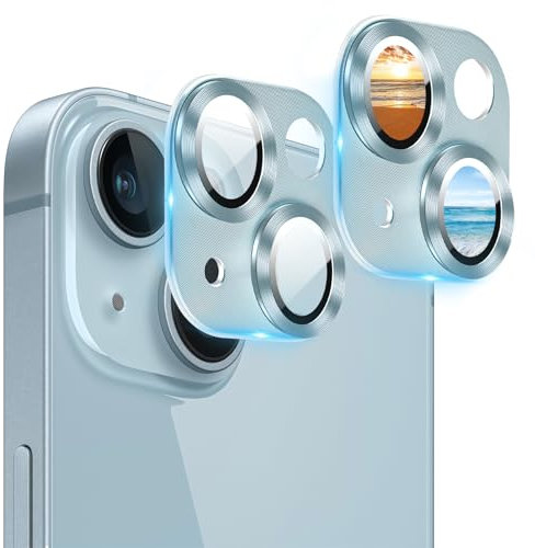 AIYEEN Camera Lens Protector (2 Pack) for iPhone 14 and iPhone 14 Plus Camera Lens Cover Protection, 9H Tempered Glass Metal Frame Case Friendly, CD Texture Anti-scratch (Sky Blue)