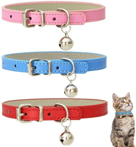 SULIUDAJI 3 Stück Leder Katzenhalsband, Sicherheitshalsband für Katzen mit elastischem Gurt, Kätzchen Band mit Glocke, rot, blau, rosa