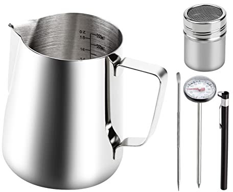 NathrBTV Milk Jug 600ml/21oz, Milk Frother Frothing Jug Stainless Steel with Thermometer Powder Shaker Coffee Art Pen for Making Latte Cappuccino