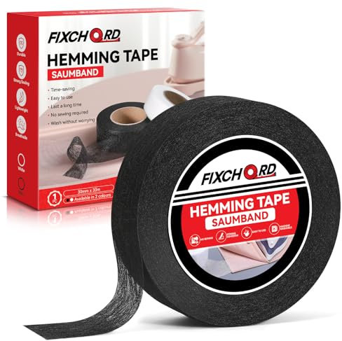 FIXCHORD Saumband, Saumband zum Aufbügeln, Bügelband zum Aufbügeln, Bügelband zum Kürzen für Vorhänge, Bügelkleber für Textilien, Gardinen kürzen ohne Nähen (Schwarz, 30m x 30mm)