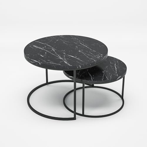Tubibu Couchtischset Skagen Kaffeetisch im 2er Set Satztisch 2-TLG für Wohnzimmer Flur aus Metall und Spanplatte Wohnzimmertisch Beistelltisch Set Moderne Couchtische für Wohnzimmer (Black-Marble)