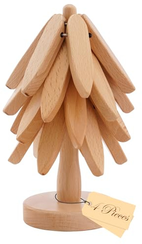 8 Inches Tree-Shaped Placemats, Collapsible Wood Trivet for Hot Dishes Pans, Anti Stain Pot Holders for Kitchen Counter Dinner Table Home Essentials, 4PCS Wooden Coasters with Organising Holder