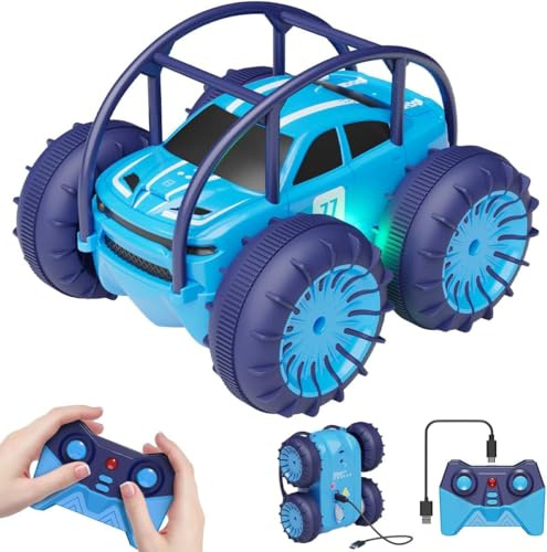 MaxTronic Coche Teledirigido Acrobacias Anfibio, Carga Dual USB-C para Coche y Mando, 2.4 GHz, Vueltas de 360° y Luces LED Ajustables, 15 km/h, Juguete RC Niños y Niñas de 3 a 12 Años
