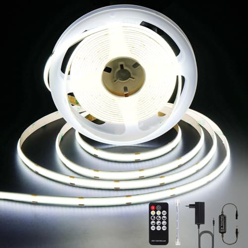 ANTENLICHT COB LED Streifen 10M Kaltweiß 6000K 72W LED Stripe Dimmbar mit Fernbedienung, CRI90+, 24V 8mm Breite LED Band Leiste, DIY Lichtband Selbstklebend Kürzbar für Home Dekoration, Beleuchtung