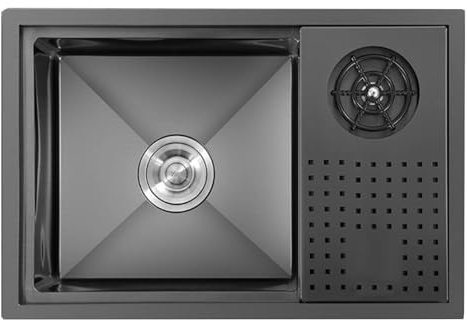 Lavello da cucina con bar nascosto, lavello da cucina con una vasca, con coperchio e lavatrice, lavello in acciaio inox per lavare le verdure, lavello salvaspazio (colore: acciaio nero, dimensioni:
