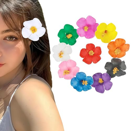 AstraGlam Juego de 10 Pinzas de Flores, Grandes Broches para el Pelo Antideslizantes, Forma de Flor Hawaiana para Mujeres, Adorno para el Cabello, Fiesta de Verano, 3.5 Pulgadas