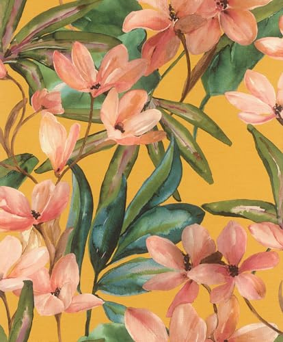 Rasch Selbstklebende Tapete Blüten in Orange Grün Pink 6,00 x 0,53 m | Ohne Kleister mit tesa-Klebetechnologie - Strukturierte Vliestapete Magnolie 'Magnolia' für Wohnzimmer und Schlafzimmer