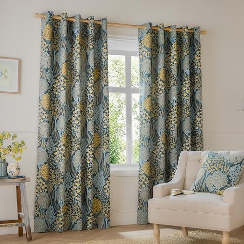furn. Wylder Ophelia Room Darkening Eyelet Curtain Pair – Bold Botanical Floral Jacquard Drapes (Blue/Saffron - L 137 x W 168cm - 2 Panels)