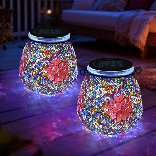 TOTHDATE 2PCS Solar Mosaik Leuchte Oval für Außen, On/Off Glas Mosaik Hängend Licht Solarlaterne Tischleuchte IP65 Wasserdicht für Rasen Pfad Hof Deck Boden Teich, Ahorn Mosaik
