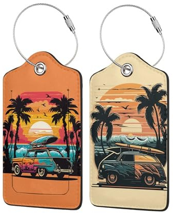 2 Pcs Luggage Tags for Suitcase, Car Palm Tree Personalised Luggage Tags with Privacy Cover ID Label Address Card and Durable Metal Ring Suitable for Men Women Backpack