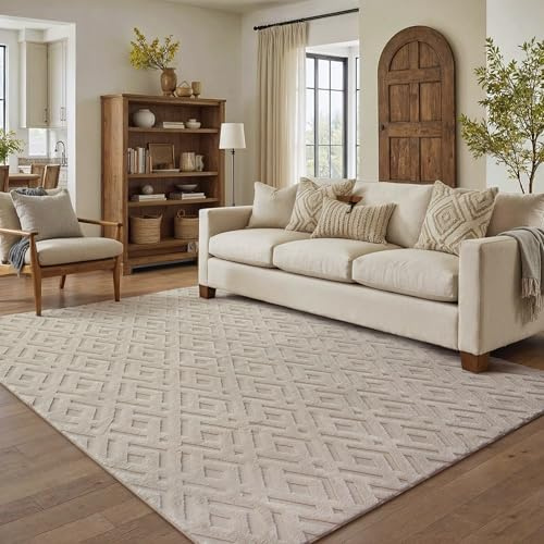 PureCozy Teppich 160x230cm Beige Wohnzimmer Schlafzimmer Flauschiger Teppiche Waschbarer Weich Groß Fellteppich Carpet Modern rutschfest Esszimmer BüRo 3D Effect Rautenmuster Faux Fur