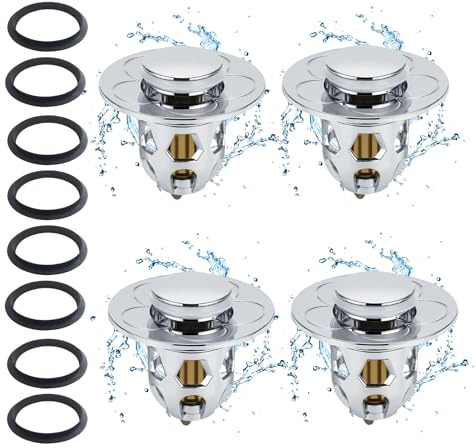 4 tappi per lavandino Pop Up filtro di scarico anti clogging + 8 anelli di tenuta, scarico universale, nucleo di rimbalzo, facile installazione per cucina, bagno, vasca da bagno, lavandino