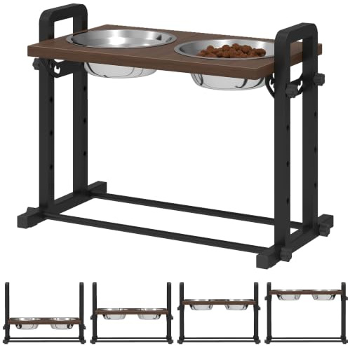PawHut Raised Dog Bowls with Stand 4 Heights Adjustable Large Breeds Brown | Elevated Dog Bowls, 2 Stainless Steel Bowls, Pet Feeding Station, 3 Adjustable Angles, Small & Medium Breeds