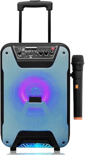 Trolley Bluetooth Speaker, Rechargeable Outdoor Speaker System with 8 Subwoofer, Wireless Microphone, Trolley Design Speaker with Led Lights for Party, Home, Camping, Travel