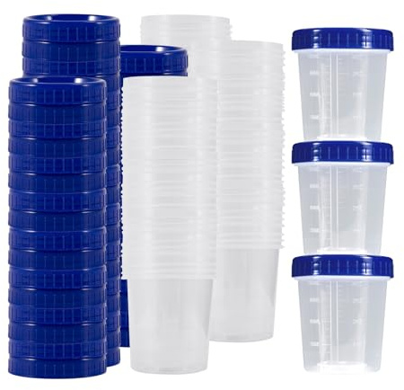 100 Urine Sample Bottles, 120 ml Specimen Cups with Screw Lids | Clear plastic specimen pots, blue leak proof screw lids, for sample collection, GP visits, testing and lab analysis