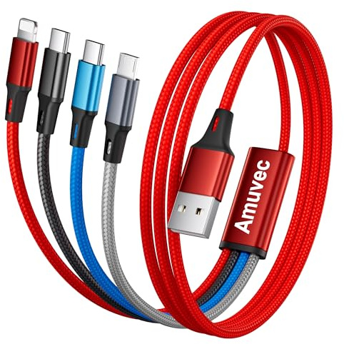 Amuvec Cable Multi USB 3A 1.2M, Cable de Carga Universal Trenzado 4 en 1 con Puertos 2*Tipo C iP Micro USB, para Phone 17 16 15, Smasung Galaxy S25 S25, LG, Honor View, Xiaomi, Sony, PS5, Moto, Tab