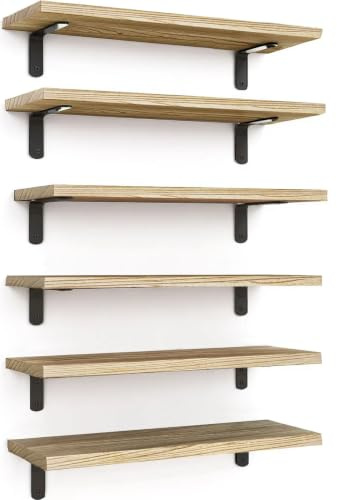 Loopsee Floating Shelves for Wall Shelf, 6 Wooden Rustic Walls Shelfs Unit | Kitchen Bedroom Wood Wall Mounted Long Shelving Display Book Picture Small Plant Trinket, Living Room Office Bathroom Decor