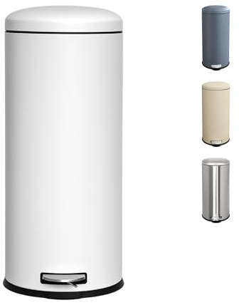 Ullege Kitchen Bin, Round Rubbish Bin, Large Pedal Bin for Kitchen, White | White 30L Stainless Steel Bin with Inner Bucket, Large Rubbish Bin with Soft-close Lid for Kitchen, Living Room and Office